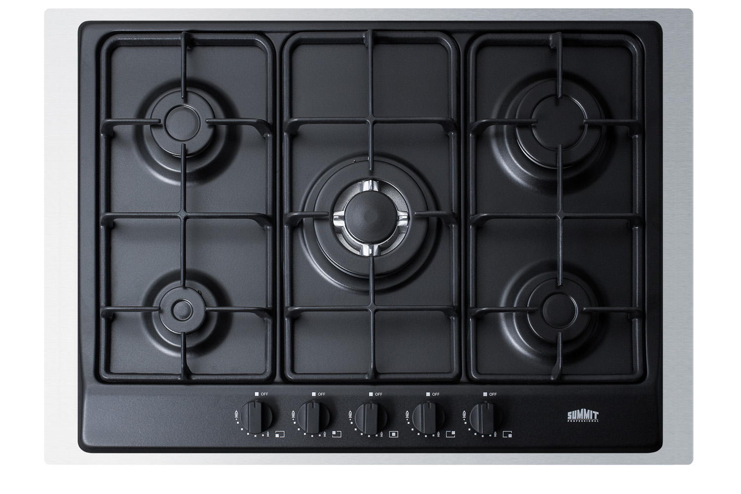 5-burner gas cooktop made in Italy in a black matte finish with sealed burners, cast iron grates, and wok stand; fits standard 24